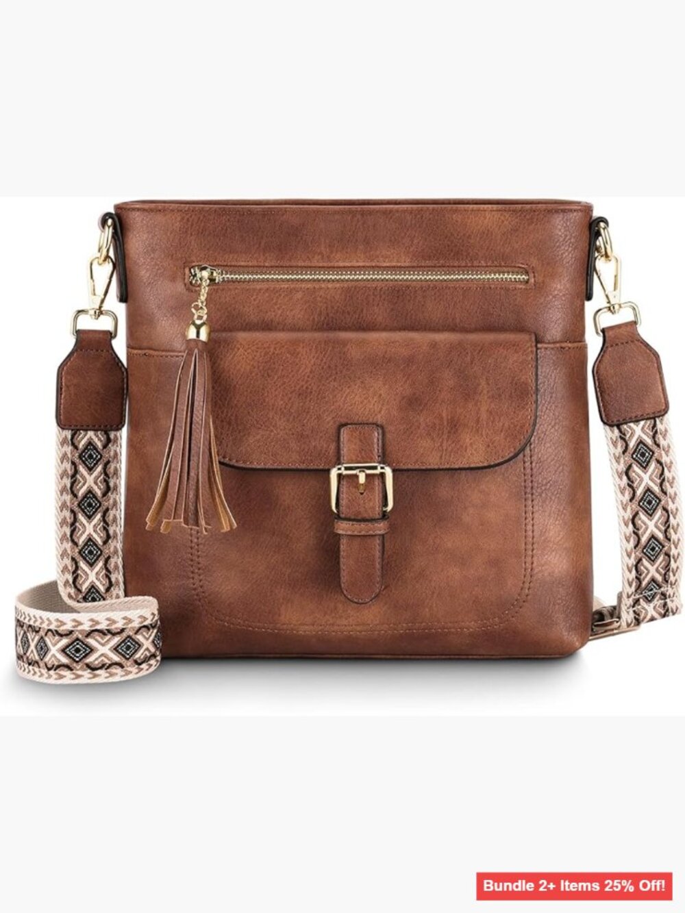Medium Vegan Leather Crossbody Bag with Adjustable Guitar Strap and Multiple